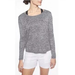 Athleta Breezy Womens Tee S Heather Gray Striped Crew Neck Long Sleeve Cut Out